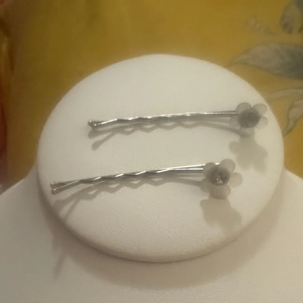 Silver Flower Bobby Pins with Resin Petals and Glass Stone - Women Accessories